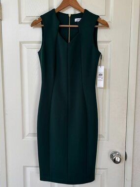 NWT Calvin Klein Forest Green Sheath Dress Unique Neckline Size 6